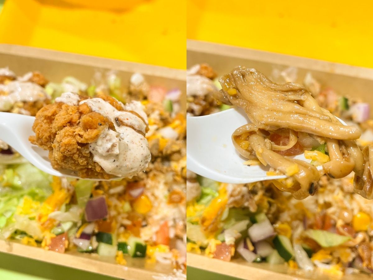 taco liberation co - rice bowl fried chicken and mushroom