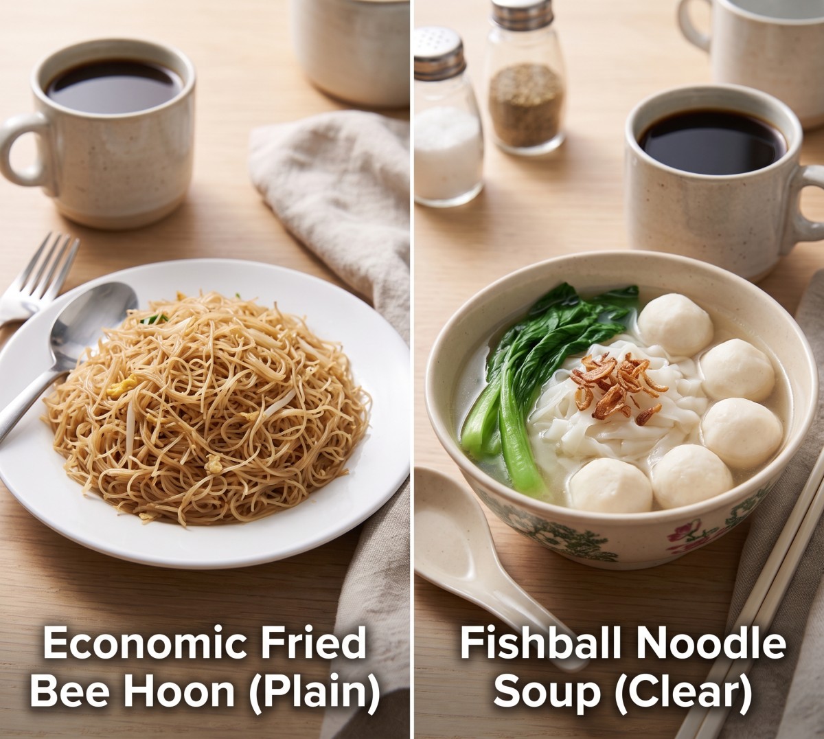 Best breakfast - Economic Fried Bee Hoon (Plain) vs Fishball Noodle Soup (Clear)