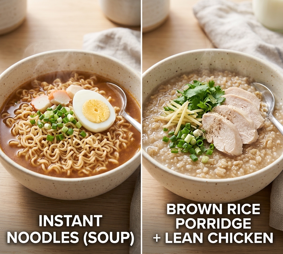 Best breakfast - Instant Noodles (Soup) vs Brown Rice Porridge + Lean Chicken