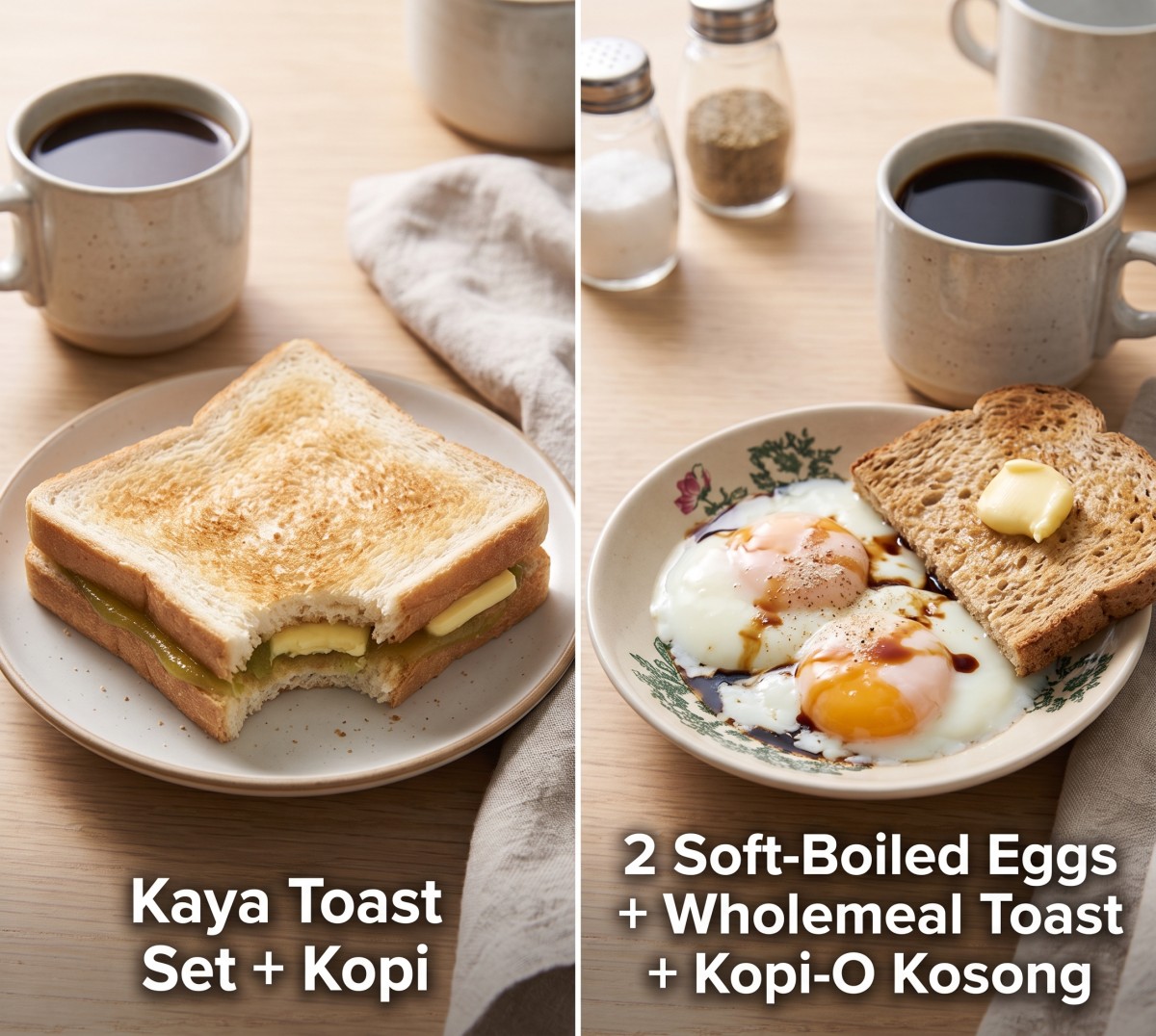 Best breakfast - Kaya Toast Set + Kopi vs 2 Soft-Boiled Eggs + Wholemeal Toast + Kopi-O Kosong