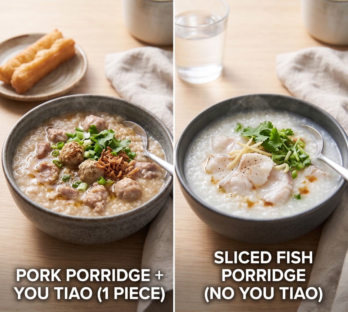 Best breakfast - Pork Porridge + You Tiao (1 piece) vs Sliced Fish Porridge (No You Tiao)