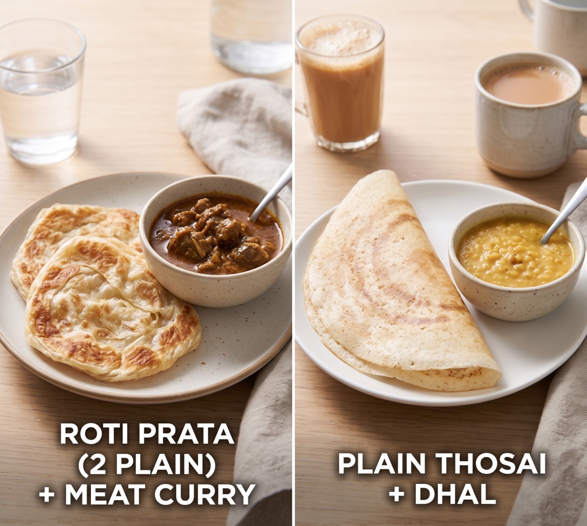 Best breakfast - Roti Prata (2 plain) + Meat Curry vs Plain Thosai + Dhal