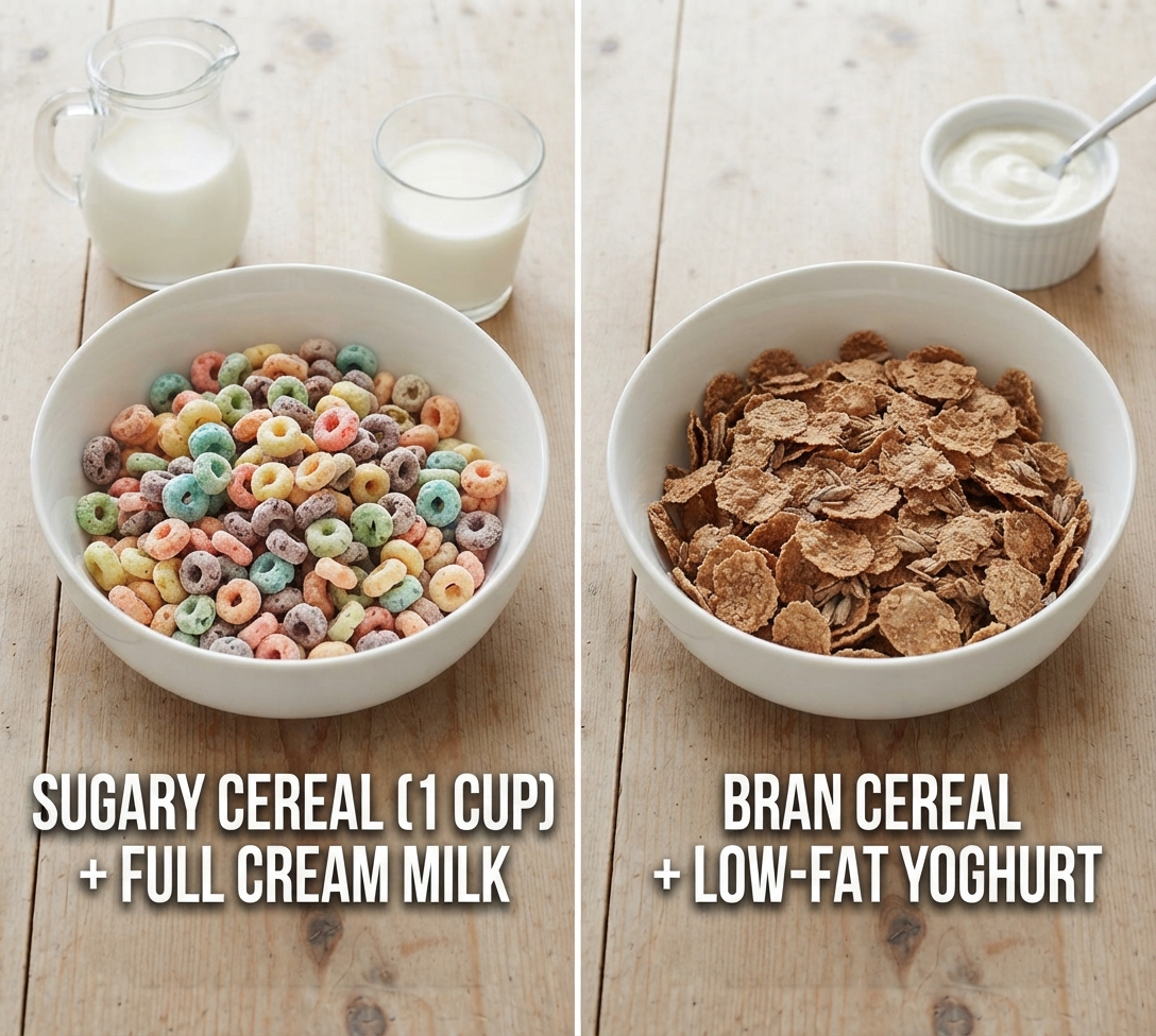 Best breakfast - Sugary Cereal (1 cup) + Full Cream Milk vs Bran Cereal + Low-Fat Yoghurt 2