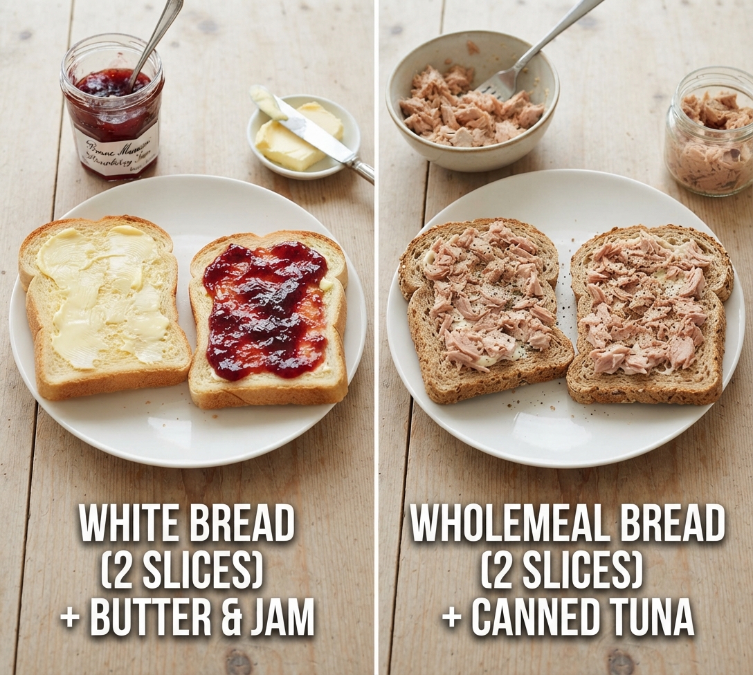 Best breakfast - White Bread (2 slices) + Butter & Jam vs Wholemeal Bread (2 slices) + Canned Tuna