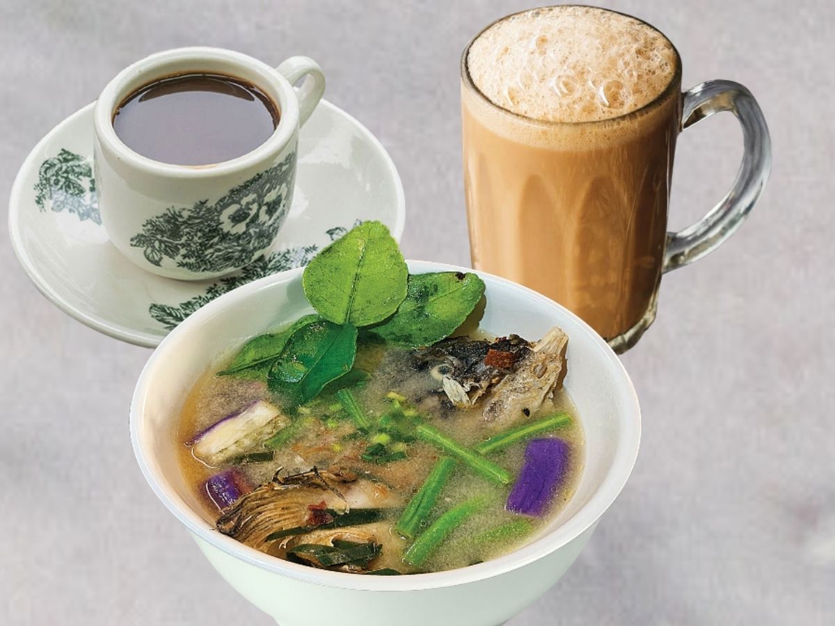 Cheeky Signature - fried salmon head soup and kopi and teh drinks