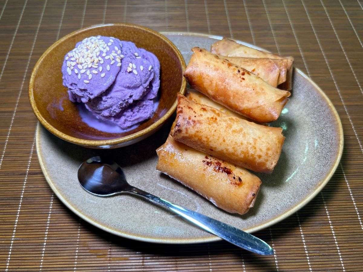 sushi pinch - turon bites with ube ice cream