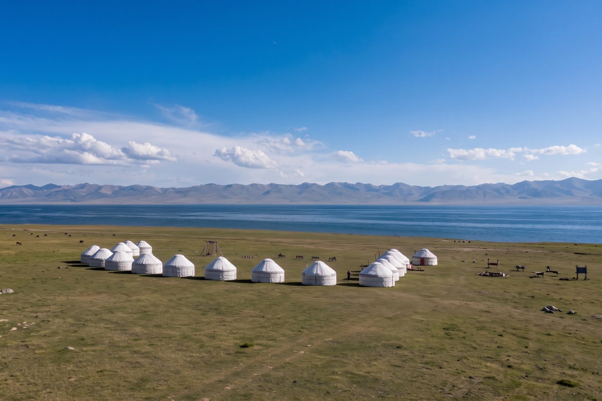 kyrgyzstan - drone shot of song-kul and yurts