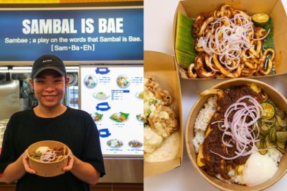 Photo of stall owner and sambal stingray