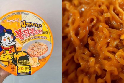 Collage of hand holding ramen cup and close-up noodles