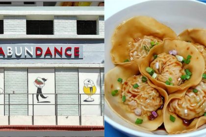 Collage of Abundance exterior and bowl of dumplings