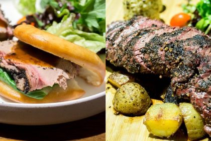 Collage of Brisket Mantou and Wagyu Hanger Steak