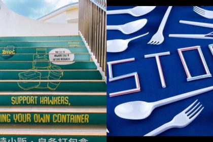 Collage of BYO Singapore ad campaign on stairs and straws lined up to form the word 'STOP'