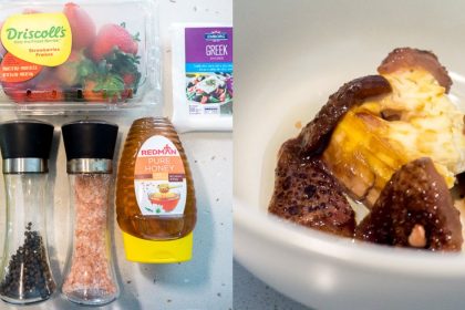 Collage of ingredients and Baked Feta With Honeyed Strawberries