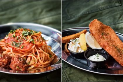 Collage Of Awp's Meatball Linguini Marinara And Fish And Chips