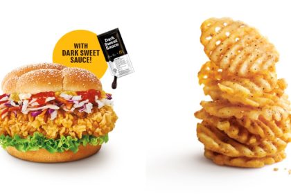 Collage Of Crispy “Hainanese Chicken” Burger And Crisscut Fries