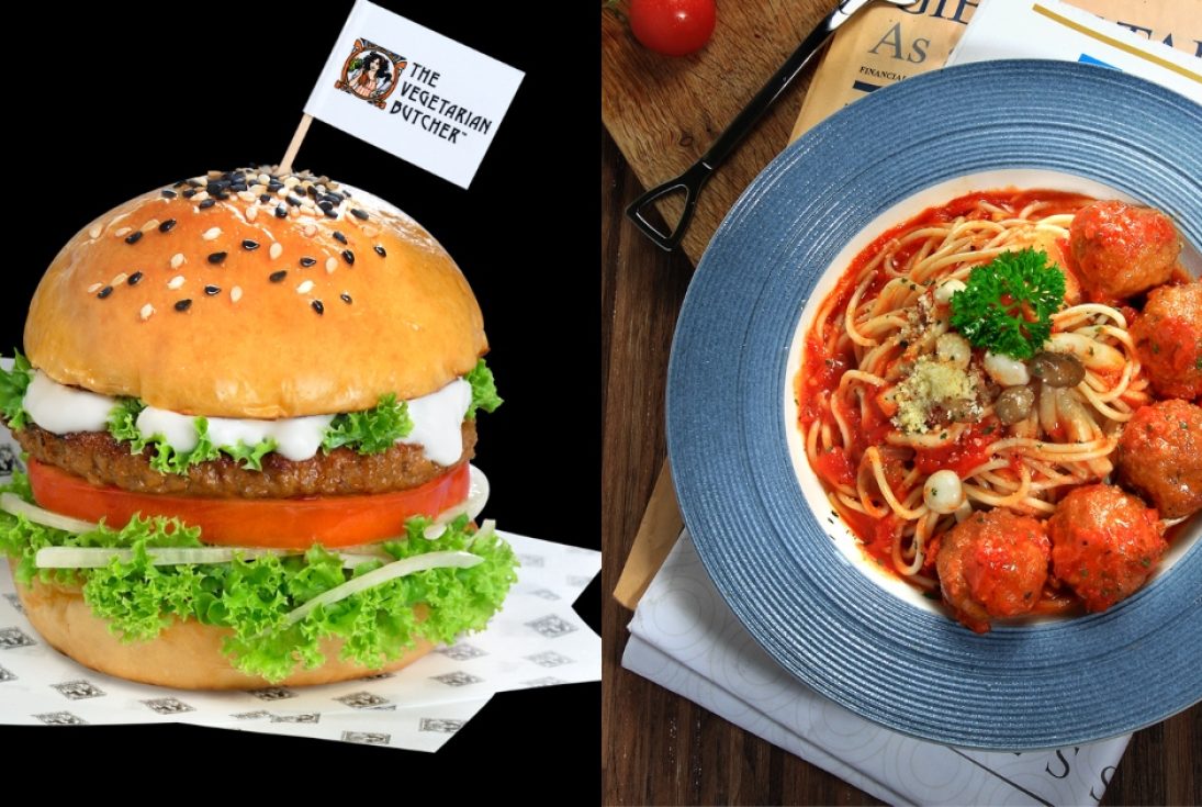 Collage Of JWS Grille Factory 's Classic Nobeef Burger and NoMeatball & Shimeji Spaghetti