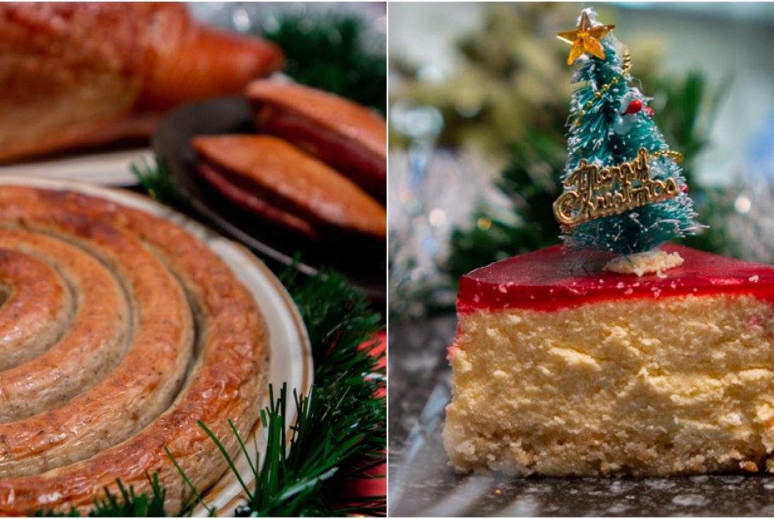 Collage Of Scrumptious Christmas Feast And Christmas Raspberry Cheesecake