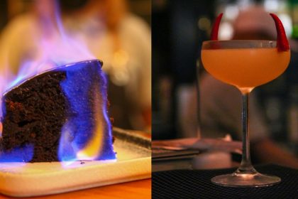 Collage of cake and cocktail