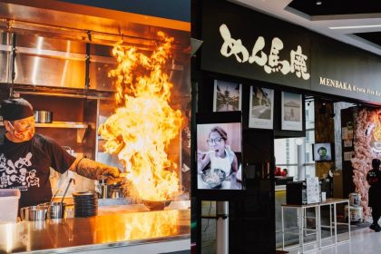 Collage of flaming ramen and outlet