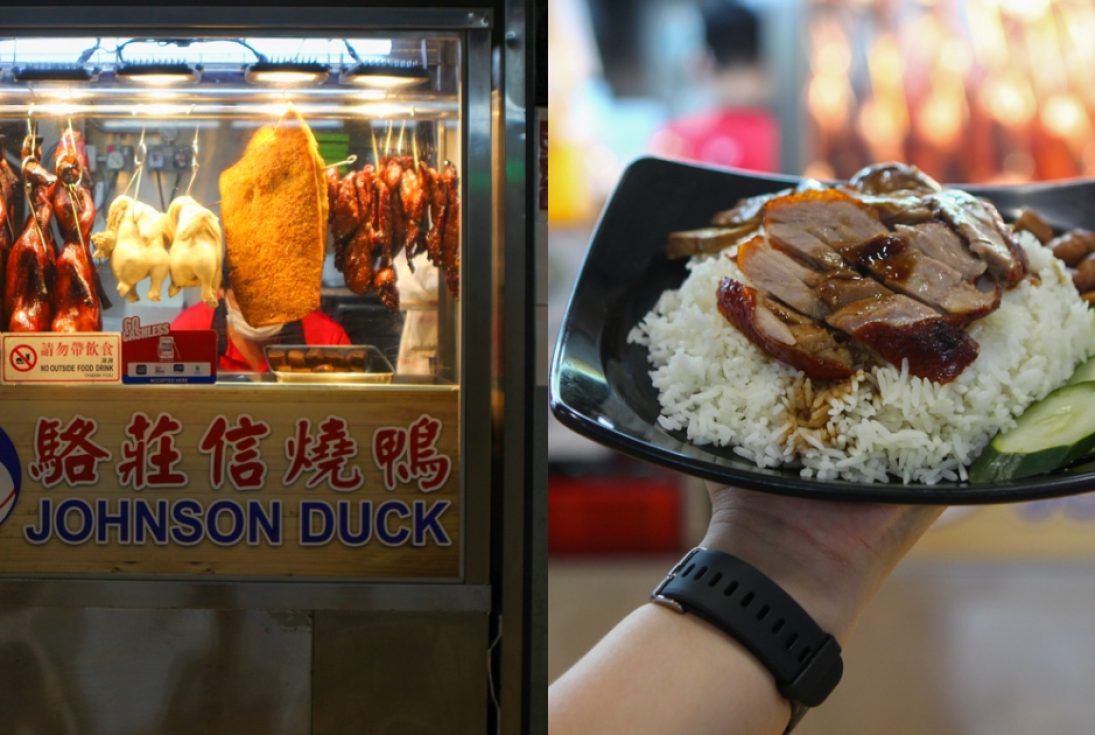 Collage of stall and duck rice set