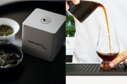 Collage Of Tea And Pouring Shot Of Coffee