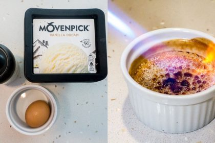 Collage of 3-ingredient Creme Brulee ingredients and blow-torching Creme Brulee