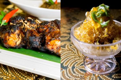 Collage of Ayam Sate Madura and Cumi Bali Es Cendol