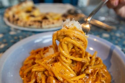 Twirling shot of Carbonara Calabrese from Da Paolo Dempsey