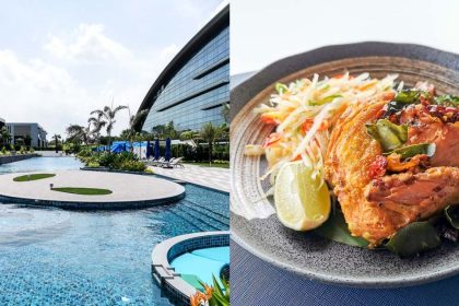 Collage of Dusit Thani Laguna Singapore pool and Som Tam Gai Yang’