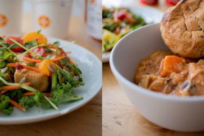 Collage of Soup Spoon's Asian Tofu Salad & SG Chicken & Mushroom Ragout