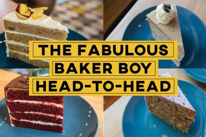 Collage of four cakes from The Fabulous Baker Boy with title The Fabulous Baker Boy Head-to-head