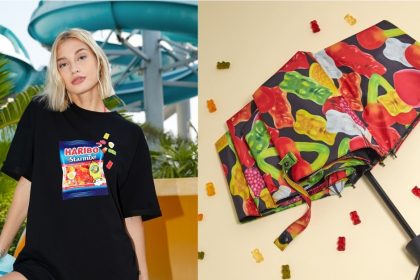 Collage of oversized haribo shirt and Haribo graphic design umbrella
