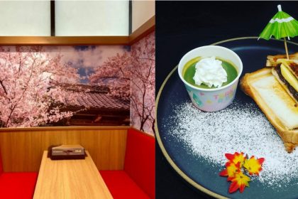 Collage of Spring booth and Matcha pudding with toasted red bean sandwich