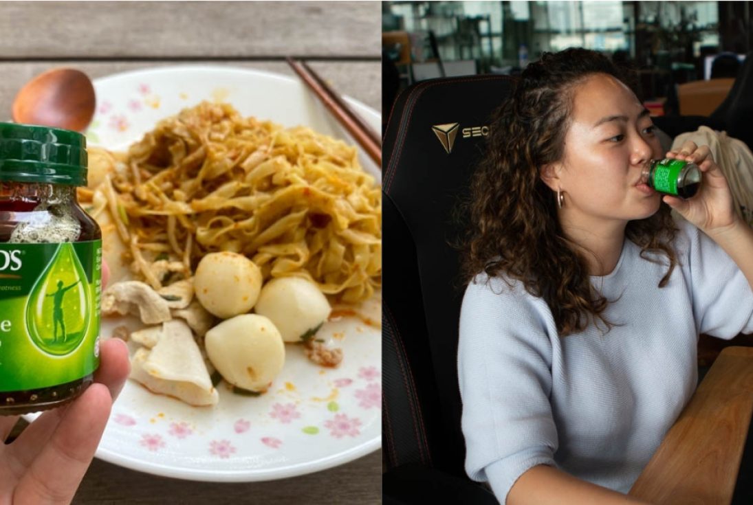 Collage of Brands with bak chor mee and gir drinking brands