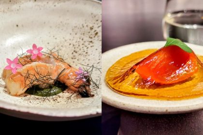 Collage of Slow-cooked obsi blue prawns and Hokkaido tomato in mirin, dashi, and vinegar jelly