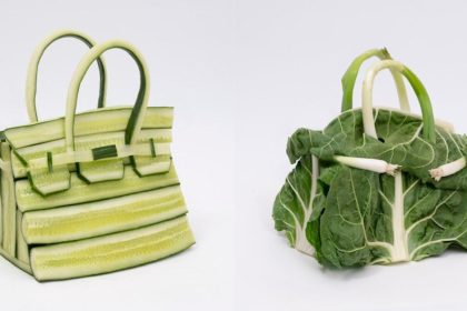 Collage of Hermes bags made of vegetables