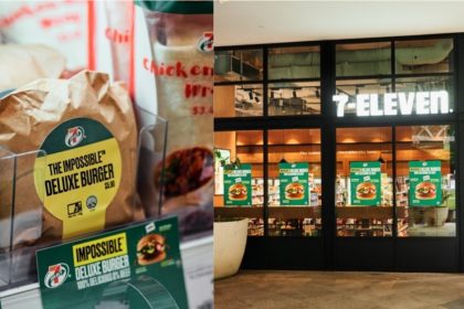 Collage of Impossible Burger and store front of 7 Eleven