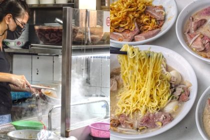 Collage of Jin Xi Lai Minced Meat Noodle stall and their dishes