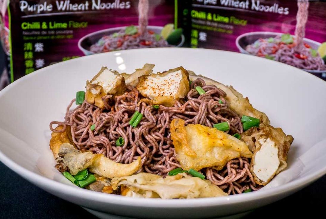 Bowl of KOKA Purple Wheat Chilli & Lime Noodles with Crispy Oyster Mushroom & Tofu