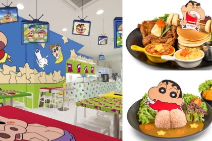 A collage of the Interior of Kumoya Singapore X Crayon Shin Chan pop-up and dishes that are served in the cafe