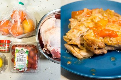 Collage of ingredients and Lemony Braised Chicken Legs