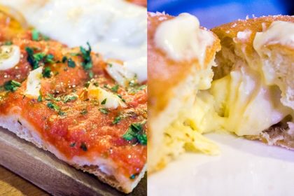 Collage of a slice of Marinara Pizza and cross section of Custard Bomboloni