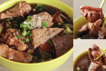 A collage of bak kut noodle, braised pork trotter and pork rib