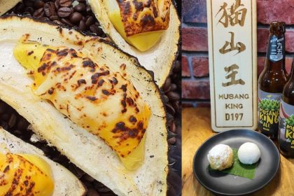 A collage of Mao King Tavern's charcoal grilled durian and the Musang King Ale