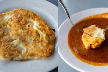 Collage of egg prata and dipping prata into mutton curry at Mr and Mrs Moghan