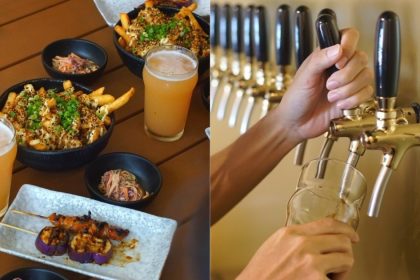 Collage of Parlour Mirage food and person tapping beer