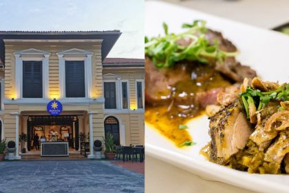 Collage of Permata SG exterior and plate of meat