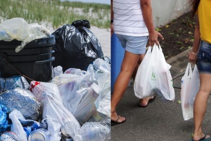 A collage of a pile of plastic bags and two person holding plastic grocery bags