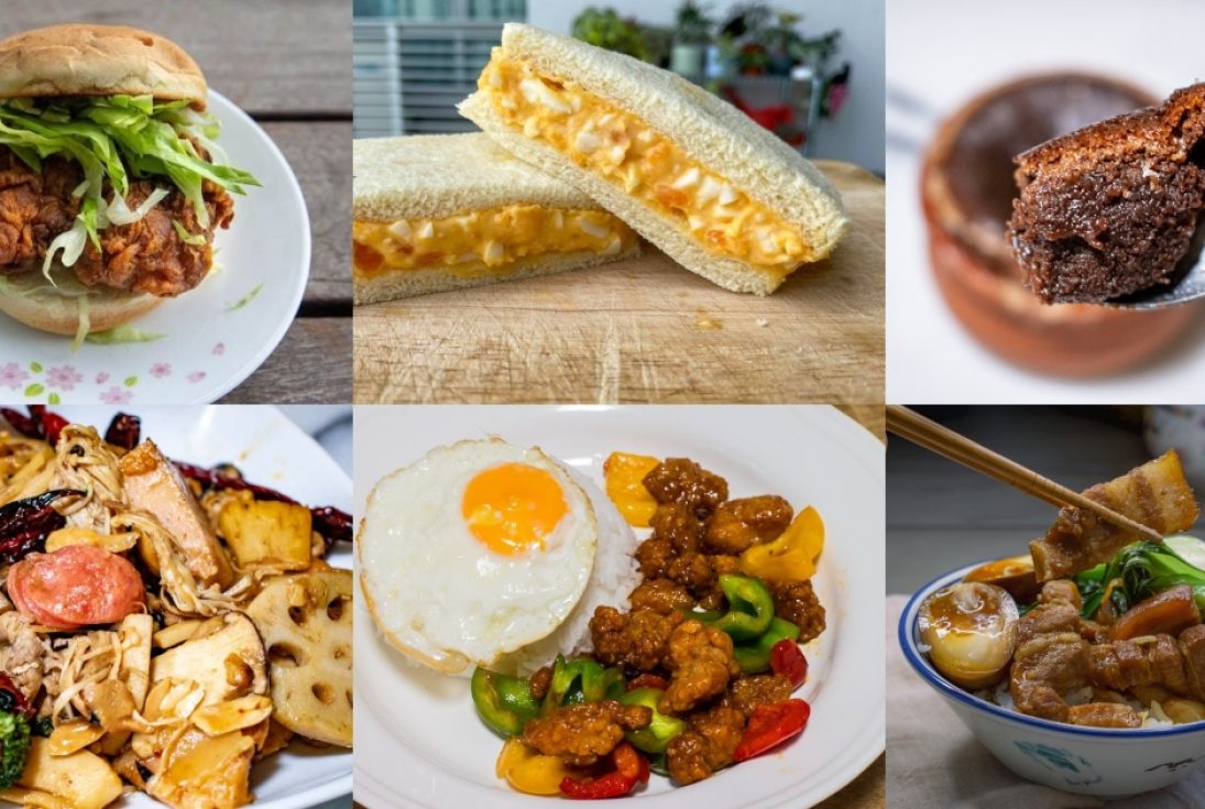 A collage of finished dishes from our simple-stay home recipes
