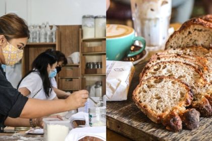 Collage of woman making sourdough and sourdough bread
